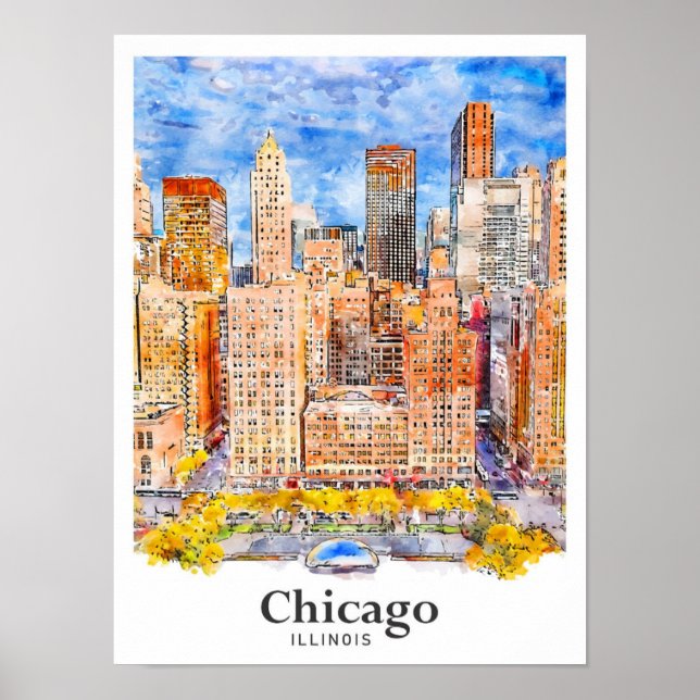 Affiche Chicago Illinois Voyage Aquarelle main tirée (Devant)