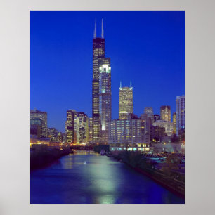 Affiche Chicago, Illinois, vue panoramique la nuit avec Ch