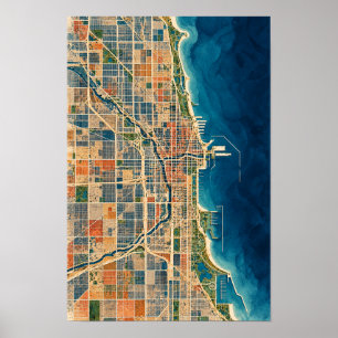 Affiche Chicago Lac Michigan Vue aérienne de la ville sur 