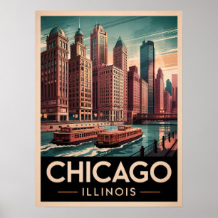 Affiche Chicago Riverwalk Retro Art - Vintage Cityscape