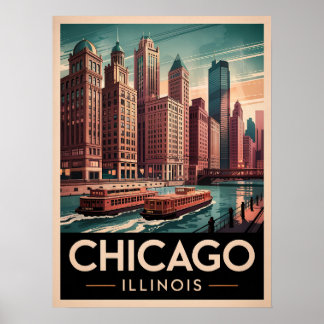 Affiche Chicago Riverwalk Retro Art - Vintage Cityscape