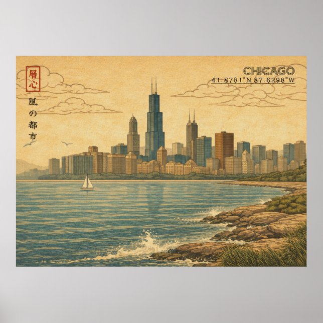 Affiche Chicago Skyline in Japanese Ukiyo-e (Devant)