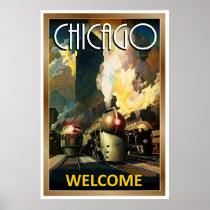 Affiche Chicago, train à vapeur, voyage vintage ferroviair