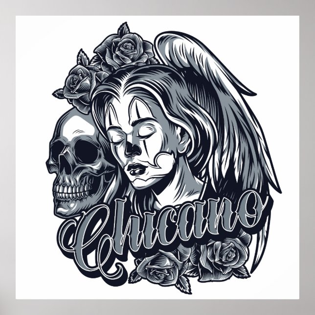 Affiche Chicano (Femme aux ailes, Rose et crâne) (Devant)