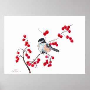 Affiche CHICKADEE & BERRIES ROUGES par SHARON SHARPE