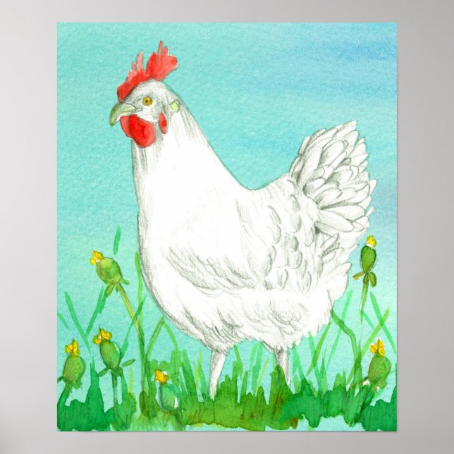 Affiche Chicken Farmer Blanc Leghorn Bleu Aquarelle (Devant)