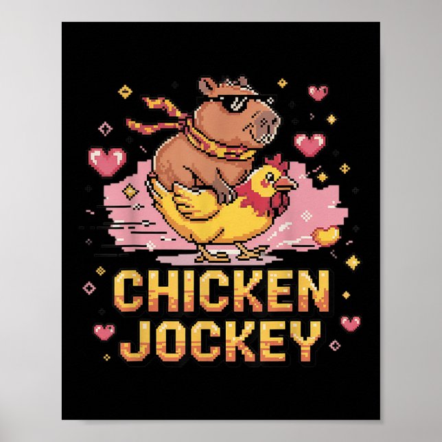 Affiche Chicken Jockey Capybara équitation Pixel Art Gamer (Devant)
