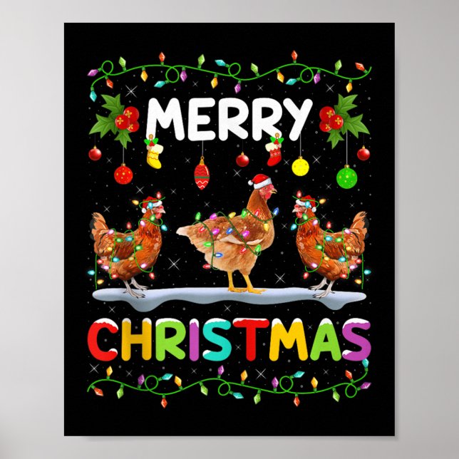 Affiche Chicken Merry Christmas Lights Santa Hat Funny Chi (Devant)