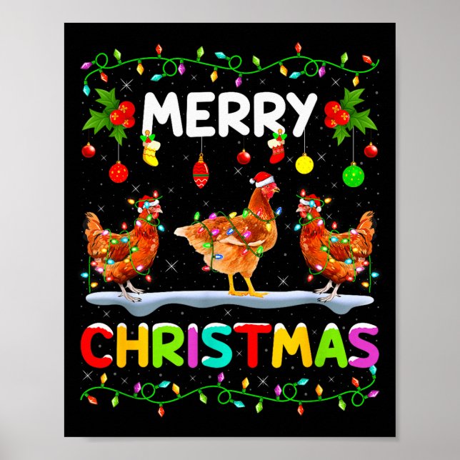 Affiche Chicken Merry Christmas Lights Santa Hat Funny Chi (Devant)