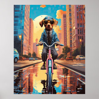 Affiche Chien à vélo en ville