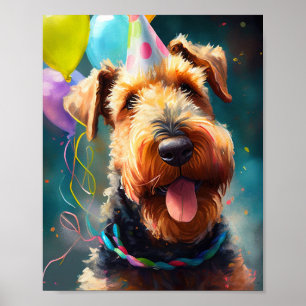 Affiche Chien Airedale avec casquette d'anniversaire et ba