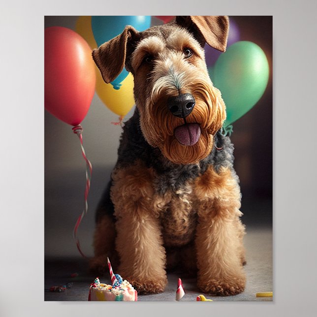 Affiche Chien Airedale avec gâteau et ballons (Devant)