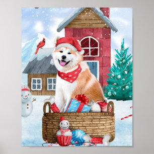 Affiche Chien Akita dans la maison de Noël enneigée