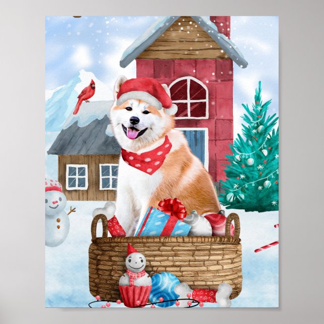 Affiche Chien Akita dans la maison de Noël enneigée (Devant)