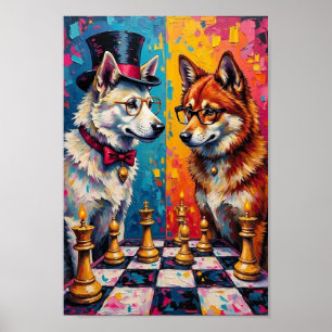 Affiche Chien Akita Jouant aux Échecs Pop Art