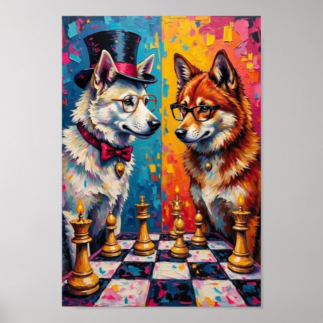 Affiche Chien Akita Jouant aux Échecs Pop Art (Devant)
