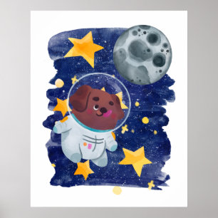 Affiche Chien astronaute aquarelle espace étoiles planète