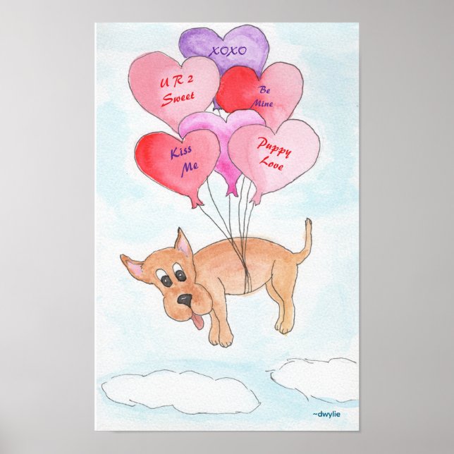 Affiche Chien avec ballons en forme de cœur (Devant)