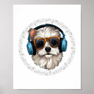 Affiche chien avec casque chien avec lunettes écouter Écou