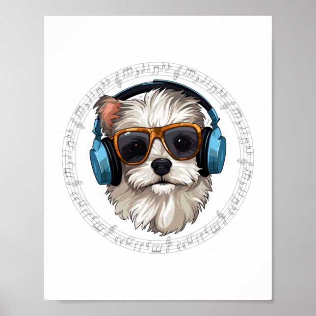 Affiche chien avec casque chien avec lunettes écouter Écou (Devant)