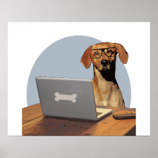 Affiche Chien avec lunettes à l'ordinateur et bureau
