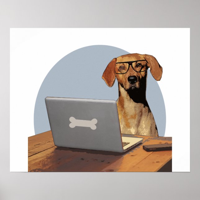 Affiche Chien avec lunettes à l'ordinateur et bureau (Devant)