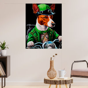 Affiche Chien Basenji conduisant un vélo la Saint-Patrick