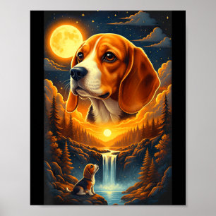 Affiche Chien Beagle hurlant à la lune
