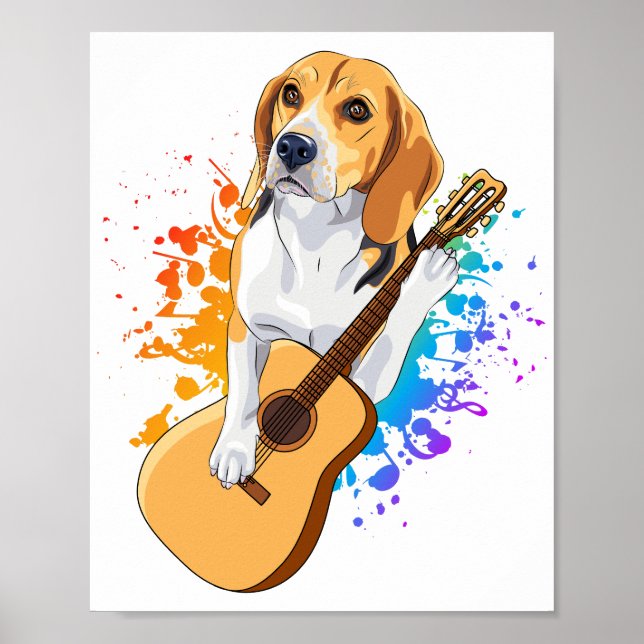 Affiche Chien beagle jouant à la guitare acoustique (Devant)