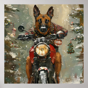 Affiche Chien belge Malinoi équitation moto Noël