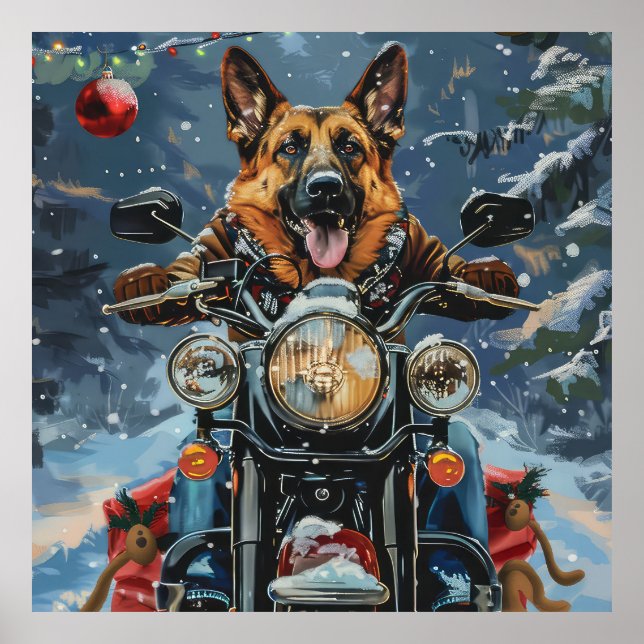 Affiche Chien berger allemand à moto Noël (Devant)