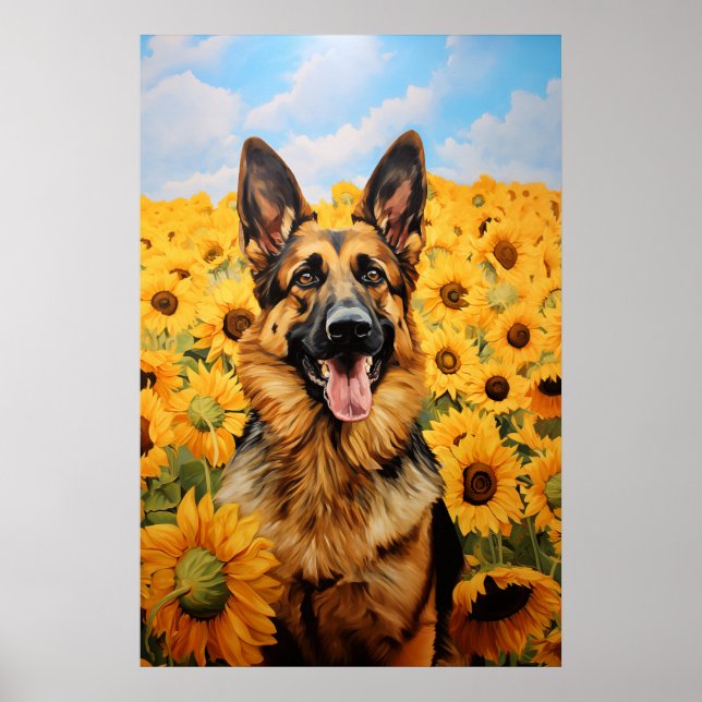Affiche Chien berger allemand en tournesol (Devant)