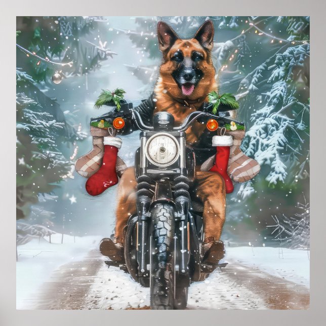 Affiche Chien berger allemand équitation moto Noël (Devant)