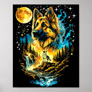 Affiche Chien berger allemand hurlant à la lune vintageGer