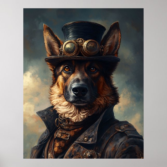 Affiche Chien berger allemand Steampunk en haut-de-forme (Devant)