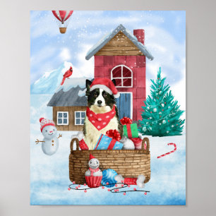 Affiche Chien Border Collie dans une maison de Noël enneig