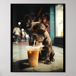 Affiche Chien bouledogue français drôle buvant du café gla