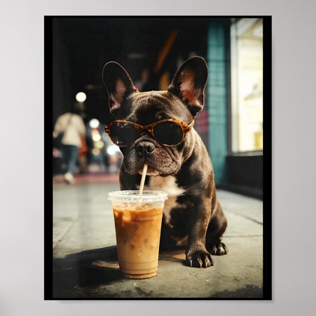 Affiche Chien bouledogue français drôle buvant du café gla (Devant)