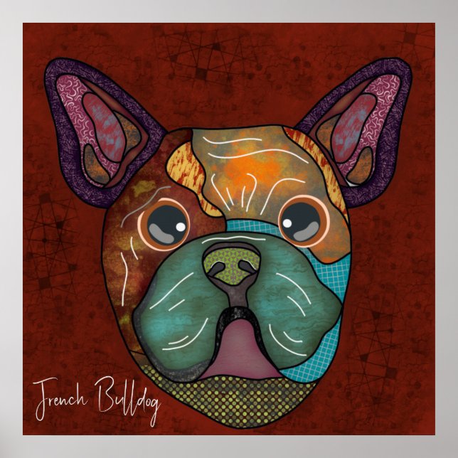 Affiche Chien bouledogue français fou peint à la main  (Devant)