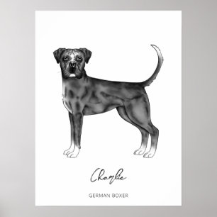 Affiche Chien Boxer Allemand En Noir Et Blanc & Texte Pers
