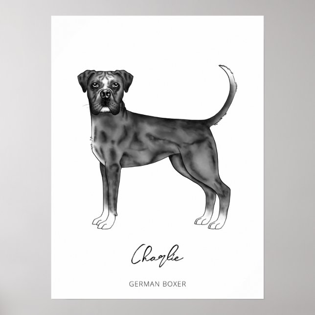 Affiche Chien Boxer Allemand En Noir Et Blanc & Texte Pers (Devant)