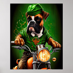 Affiche Chien Boxer Conduisant un Vélo St. Patrick's Day