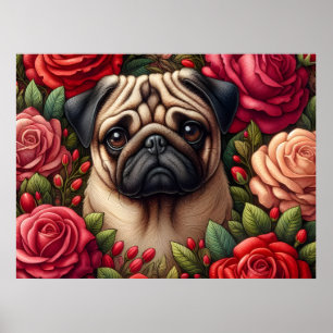 Affiche Chien Carlin avec Roses Rouges