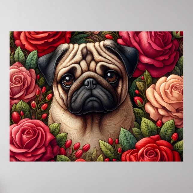Affiche Chien Carlin avec Roses Rouges (Devant)