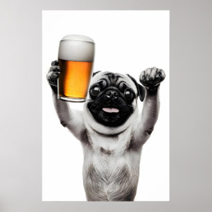 Affiche Chien Carlin Drôle Buvant de la Bière Art Alcool H