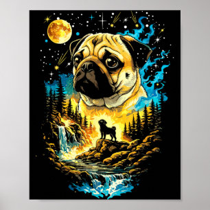 Affiche Chien carlin hurleur à la lune vintage drôle pug l
