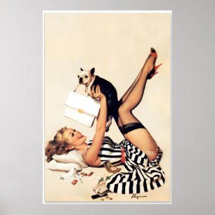 Affiche Chien Chanceux Pug958 Fille Pin-Up Elvgren Style V