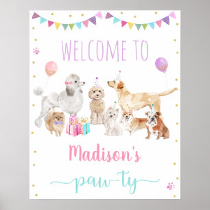 Affiche Chien Chien rose Fille Paw-ty Anniversaire Bienven