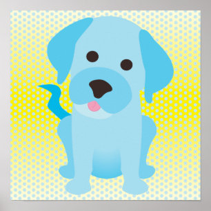 Affiche Chien chiot bleu bébé sur jaune