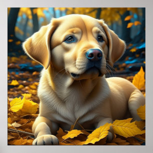 Affiche Chien chiot jouant dans les feuilles d'automne  